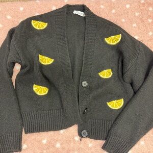 Black Knit Cardigan with Lemon Embroidery